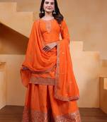 Orange sequins embroidered chinon stitched salwar kameez