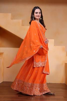 Orange sequins embroidered chinon stitched salwar kameez 3