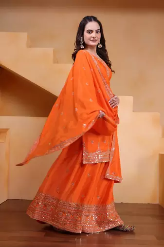 Orange sequins embroidered chinon stitched salwar kameez