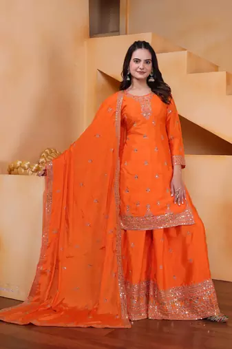 Orange sequins embroidered chinon stitched salwar kameez