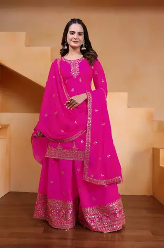Pink sequins embroidered chinon stitched salwar kameez