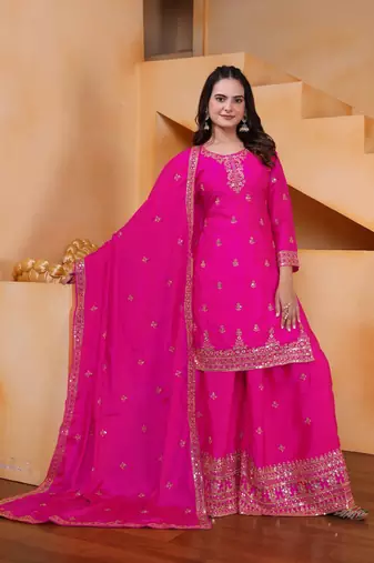 Pink sequins embroidered chinon stitched salwar kameez