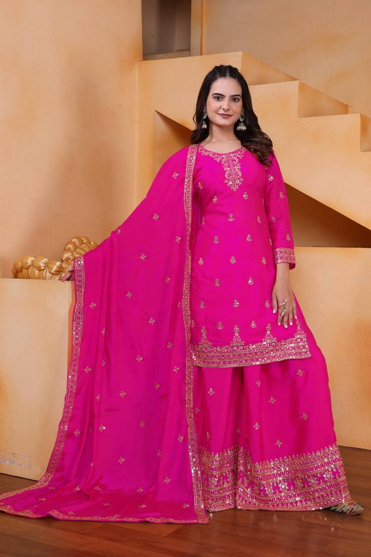Pink sequins embroidered chinon stitched salwar kameez