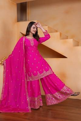 Pink sequins embroidered chinon stitched salwar kameez 3