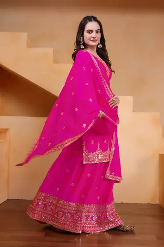Pink sequins embroidered chinon stitched salwar kameez