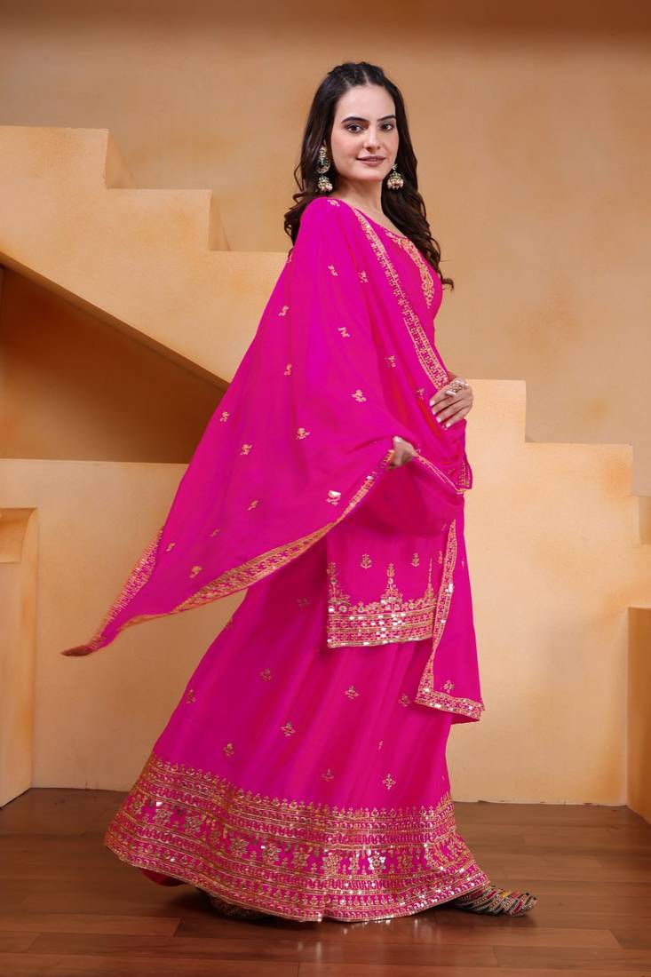 Pink sequins embroidered chinon stitched salwar kameez