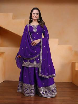 Purple sequins embroidered chinon stitched salwar kameez 1