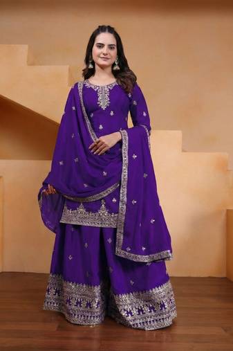 Purple sequins embroidered chinon stitched salwar kameez