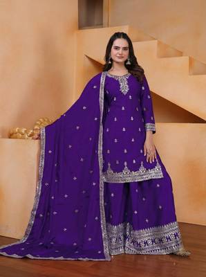 Purple sequins embroidered chinon stitched salwar kameez 2