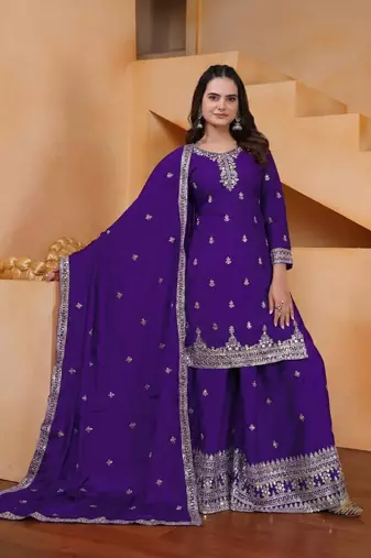 Purple sequins embroidered chinon stitched salwar kameez