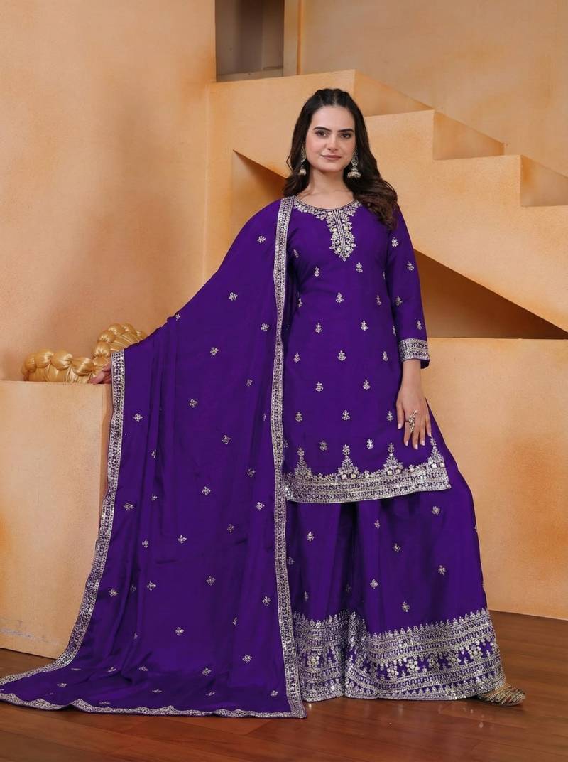 Purple sequins embroidered chinon stitched salwar kameez