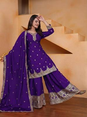 Purple sequins embroidered chinon stitched salwar kameez 3