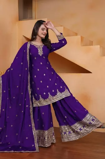 Purple sequins embroidered chinon stitched salwar kameez
