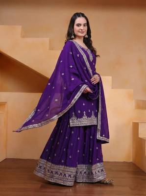 Purple sequins embroidered chinon stitched salwar kameez 4