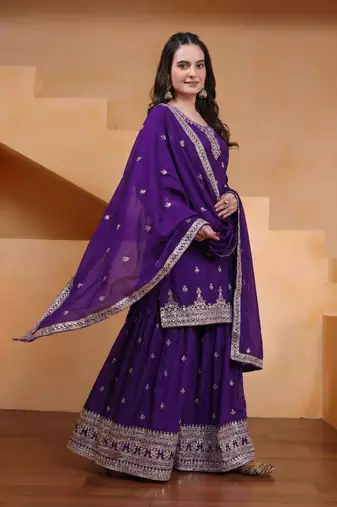 Purple sequins embroidered chinon stitched salwar kameez