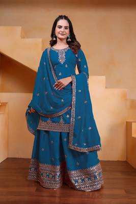 Teal sequins embroidered chinon stitched salwar kameez 1