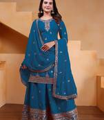 Teal sequins embroidered chinon stitched salwar kameez