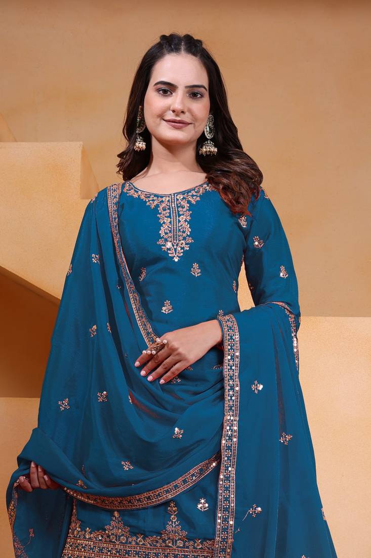Teal sequins embroidered chinon stitched salwar kameez