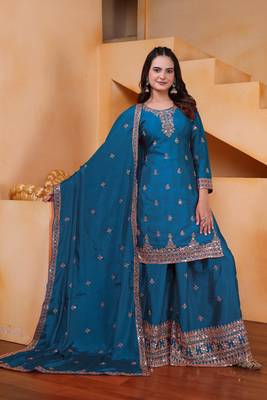 Teal sequins embroidered chinon stitched salwar kameez 3