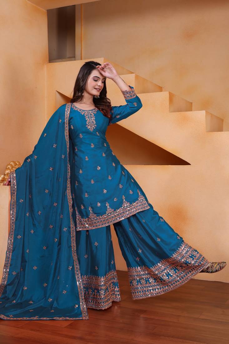 Teal sequins embroidered chinon stitched salwar kameez