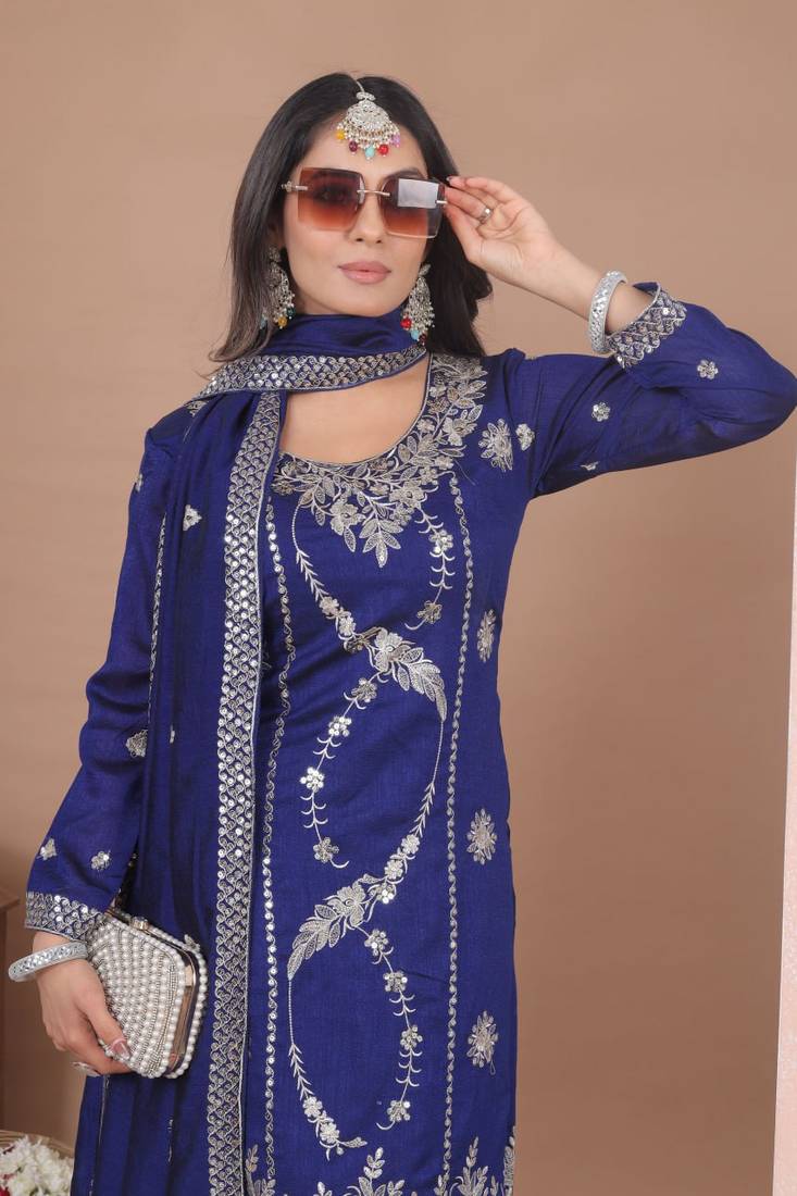 Purple sequins embroidered vichitra silk stitched salwar kameez