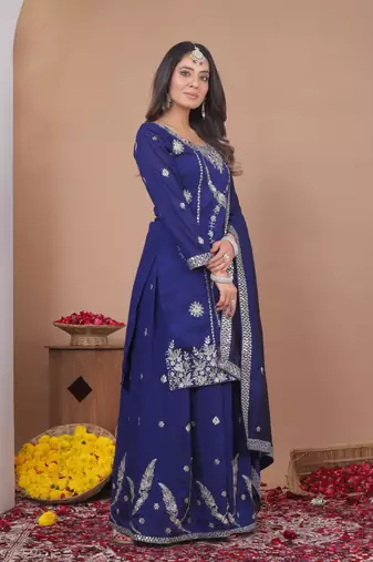 Purple sequins embroidered vichitra silk stitched salwar kameez