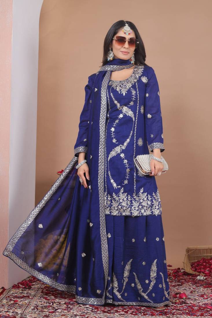Purple sequins embroidered vichitra silk stitched salwar kameez