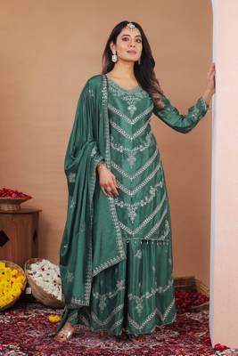 Green multi thread and sequins embroidered chinon stitched salwar kameez 1