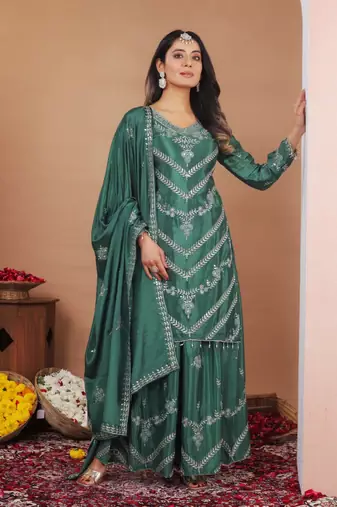 Green multi thread and sequins embroidered chinon stitched salwar kameez