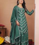 Green multi thread and sequins embroidered chinon stitched salwar kameez