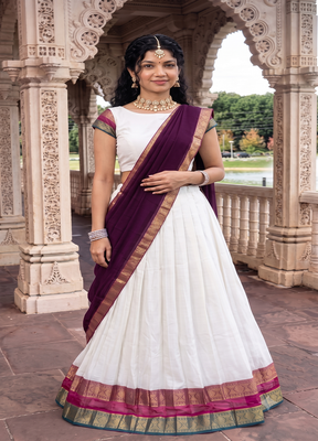 Off-White Silk Blend Pleated Lehenga Choli with Zari Border and Wine Contrast Dupatta 1