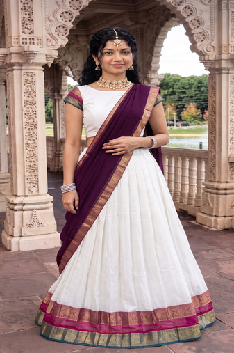 Off-White Silk Blend Pleated Lehenga Choli with Zari Border and Wine Contrast Dupatta