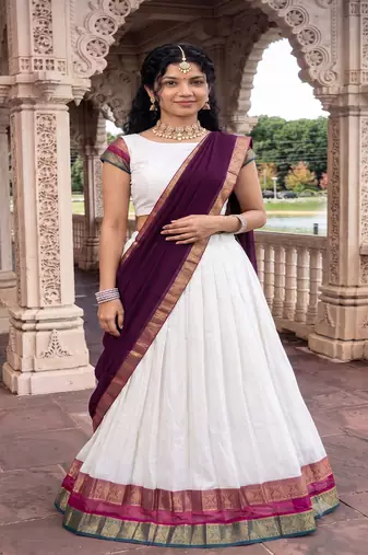 Off-White Silk Blend Pleated Lehenga Choli with Zari Border and Wine Contrast Dupatta