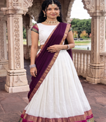 Off-White Silk Blend Pleated Lehenga Choli with Zari Border and Wine Contrast Dupatta