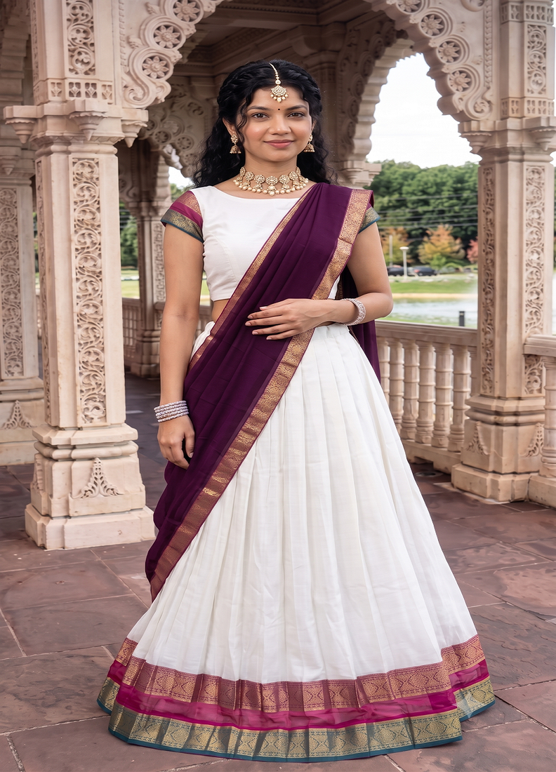 Off-White Silk Blend Pleated Lehenga Choli with Zari Border and Wine Contrast Dupatta