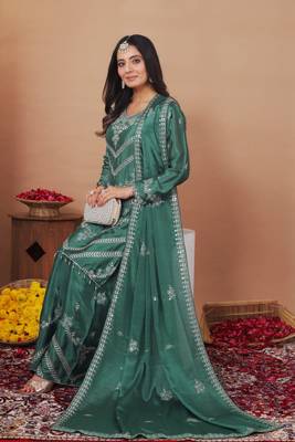 Green multi thread and sequins embroidered chinon stitched salwar kameez 4