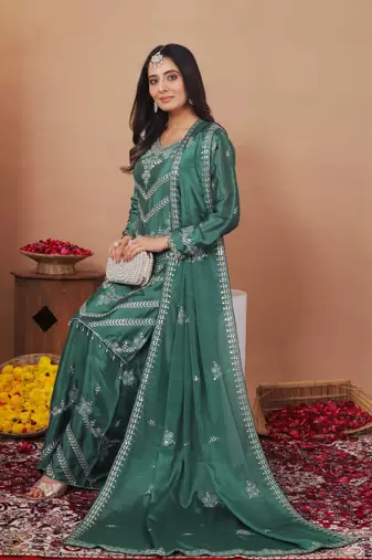 Green multi thread and sequins embroidered chinon stitched salwar kameez