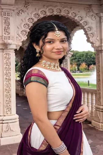 Off-White Silk Blend Pleated Lehenga Choli with Zari Border and Wine Contrast Dupatta