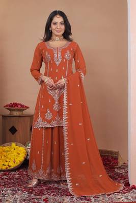 Orange glitter sequins embroidered faux georgette stitched salwar kameez 1