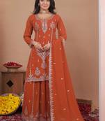 Orange glitter sequins embroidered faux georgette stitched salwar kameez