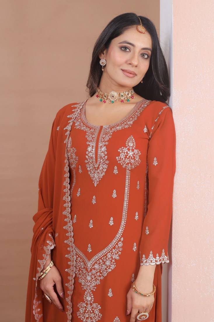 Orange glitter sequins embroidered faux georgette stitched salwar kameez