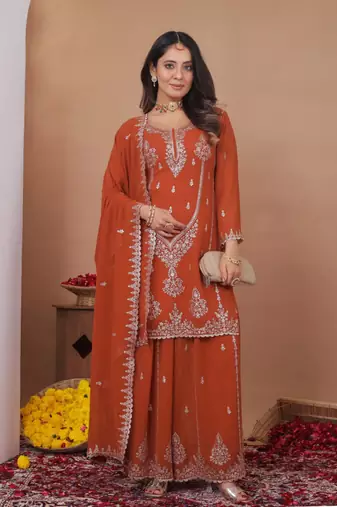 Orange glitter sequins embroidered faux georgette stitched salwar kameez