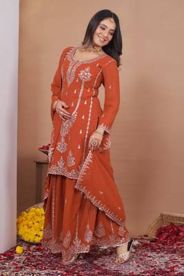 Orange glitter sequins embroidered faux georgette stitched salwar kameez 4