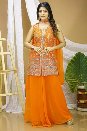 Orange sequins embroidered georgette stitched salwar kameez