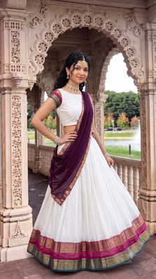 Off-White Silk Blend Pleated Lehenga Choli with Zari Border and Wine Contrast Dupatta 4