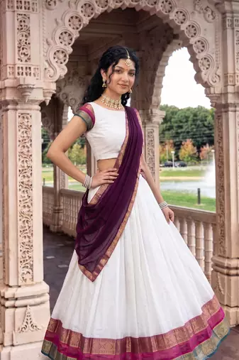 Off-White Silk Blend Pleated Lehenga Choli with Zari Border and Wine Contrast Dupatta