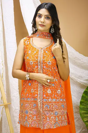 Orange sequins embroidered georgette stitched salwar kameez