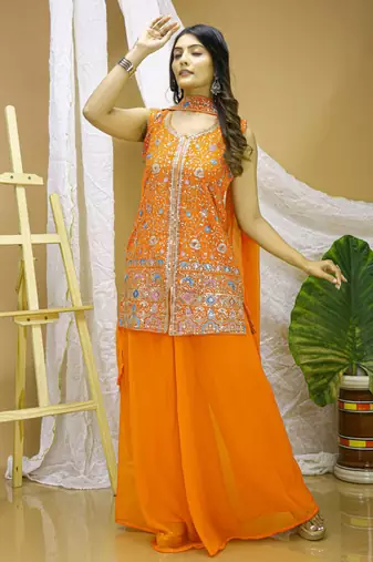 Orange sequins embroidered georgette stitched salwar kameez