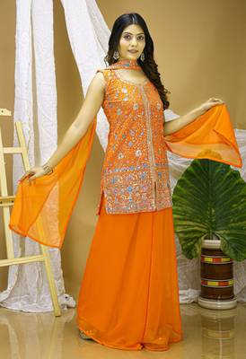Orange sequins embroidered georgette stitched salwar kameez 4