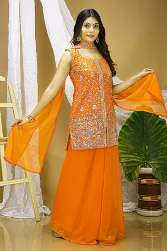 Orange sequins embroidered georgette stitched salwar kameez